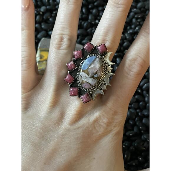 Sterling Silver Pink Rhodonite Multistone Stars & Moons Adjustable Ring~Stamped - Picture 2 of 8